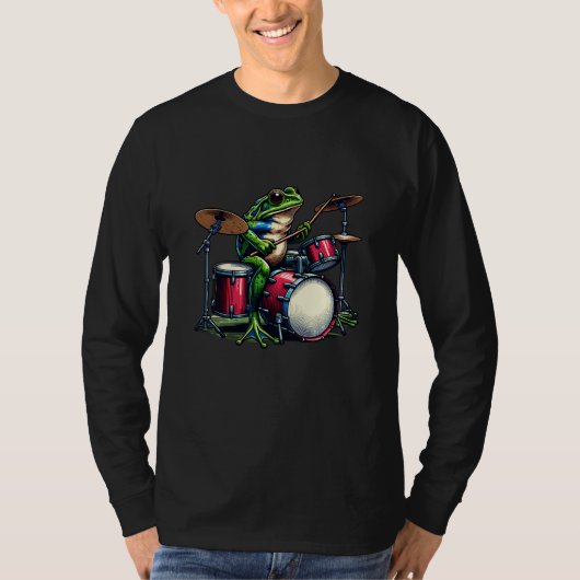 Funny Cartoon Frog Spelen De Drums T-shirt (Voorkant)