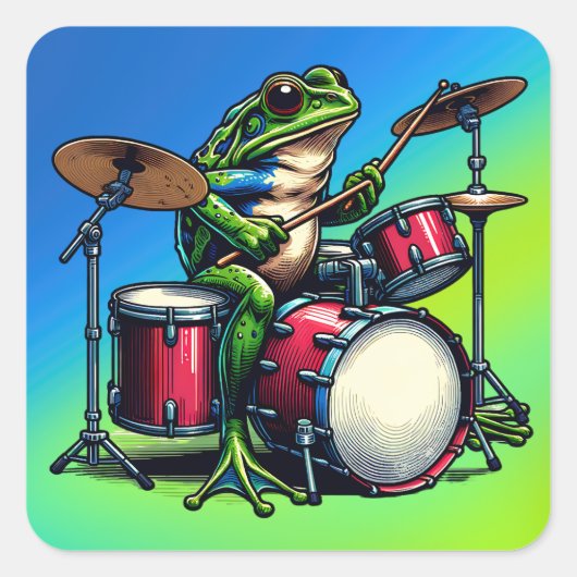 Funny Cartoon Frog Spelen De Drums Vierkante Sticker (Voorkant)