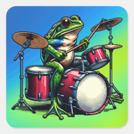 Funny Cartoon Frog Spelen De Drums Vierkante Sticker