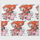 Funny Cartoon Gnome Riding Flying Pig Cadeaupapier (Vlak)