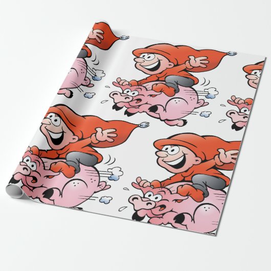 Funny Cartoon Gnome Riding Flying Pig Cadeaupapier (Uitgerold)