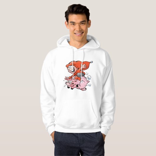 Funny Cartoon Gnome Riding Flying Pig Hoodie (Voorkant volledig)