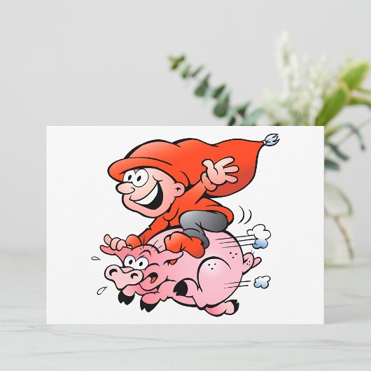 Funny Cartoon Gnome Riding Flying Pig Kaart