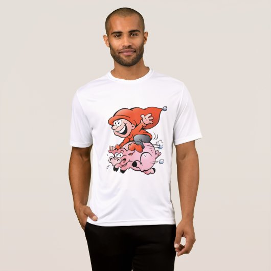 Funny Cartoon Gnome Riding Flying Pig T-shirt (Voorkant volledig)