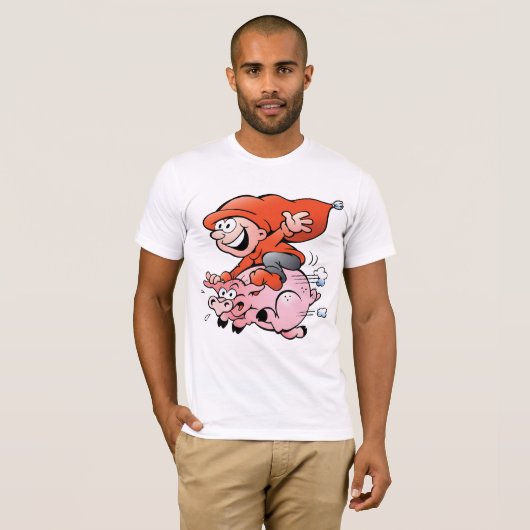 Funny Cartoon Gnome Riding Flying Pig T-shirt (Voorkant volledig)