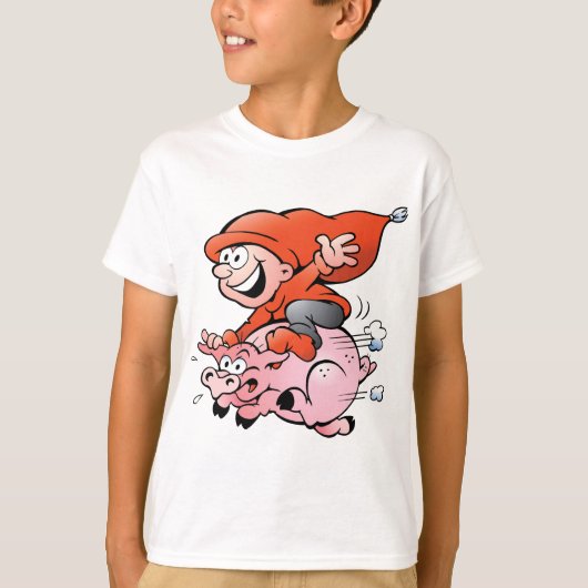Funny Cartoon Gnome Riding Flying Pig T-shirt (Voorkant)