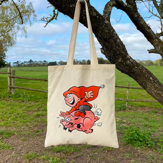 Funny Cartoon Gnome Riding Flying Pig Tote Bag