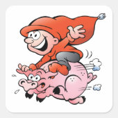Funny Cartoon Gnome Riding Flying Pig Vierkante Sticker (Voorkant)