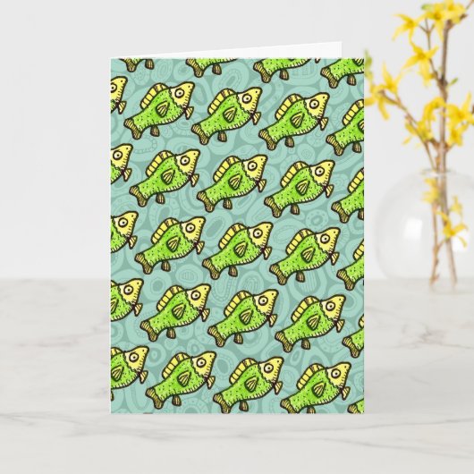Funny Cartoon Green Fish Drawing Kaart (Gele Bloem)