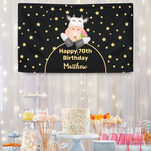 Funny Cartoon Koe met een lofzige 70e verjaardag Spandoek