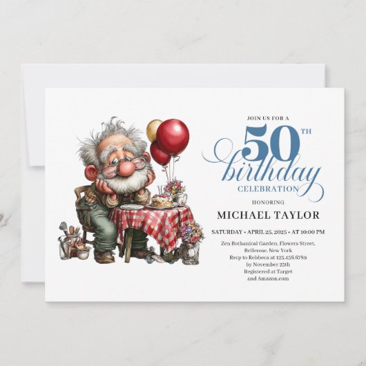 Funny Cartoon Man 50th Party Milestone Invite Kaart (Voorkant)