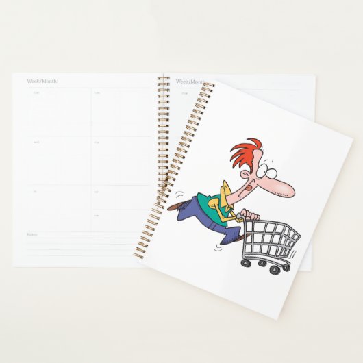 Funny Cartoon Man Running With Shopping Cart Planner (Display)