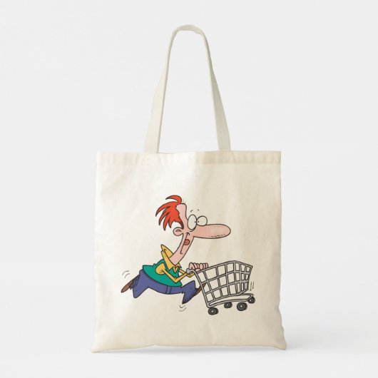 Funny Cartoon Man Running With Shopping Cart Tote Bag (Achterkant)