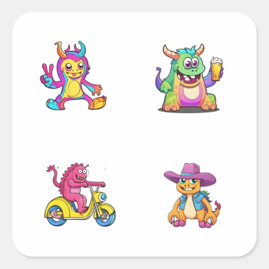 Funny Cartoon Monster 4-pack Stickers (Voorkant)