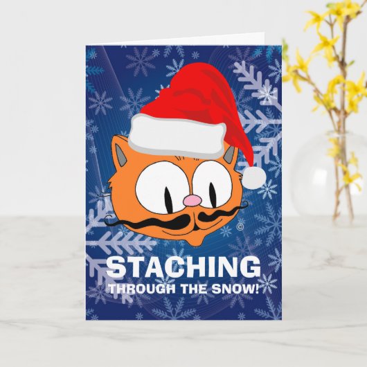 Funny Cartoon Mustache Cat Kerstmis Kaart (Gele Bloem)