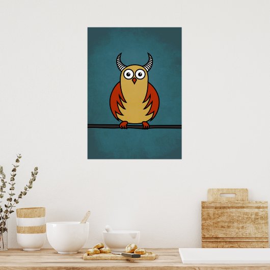 Funny Cartoon Owl met horens Poster (Keuken)