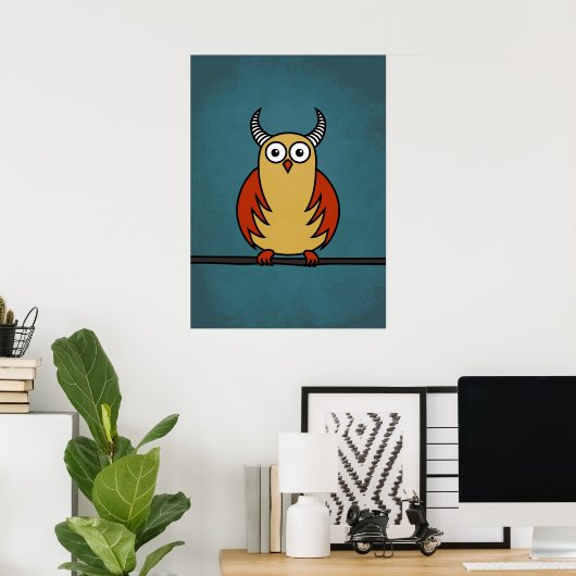 Funny Cartoon Owl met horens Poster (Thuiskantoor)