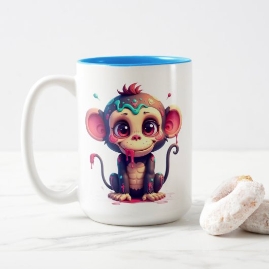 Funny Cartoon Paint Splatter Monkey Mug Tweekleurige Koffiemok (Met donut)