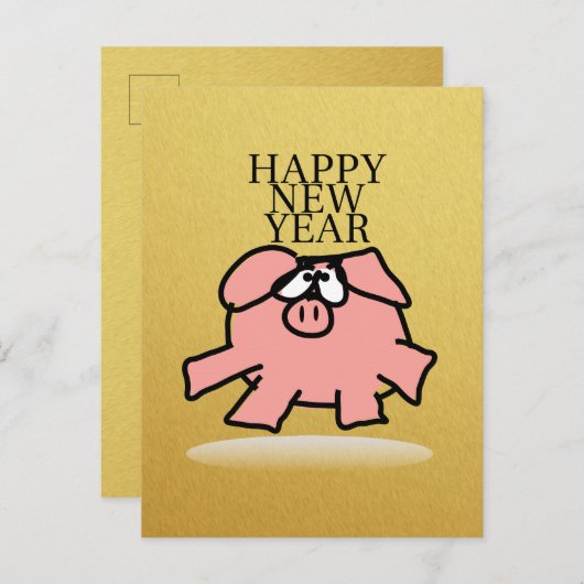 Funny Cartoon Pig Year Golden G briefkaart (Voorkant / Achterkant)