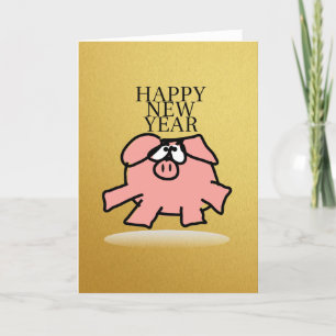 Funny Cartoon Pig Year Golden Wenskaart Feestdagen Kaart