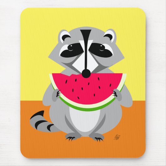 Funny Cartoon Raccoon Eating Watermelon Muismat (Voorkant)
