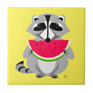 Funny Cartoon Raccoon Eating Watermelon Tegeltje