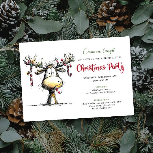 Funny cartoon reindeer Christmas party invitation Kaart