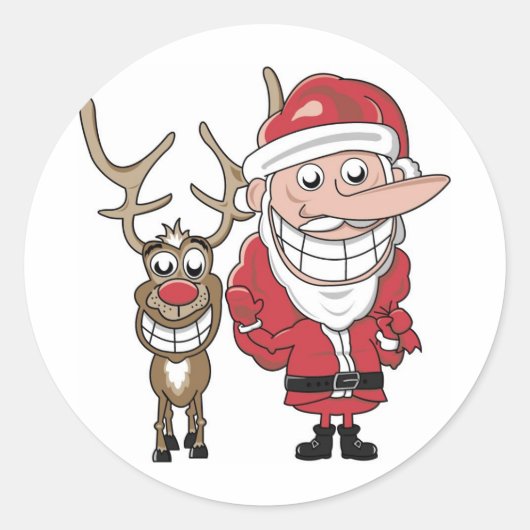 Funny Cartoon Santa en Rudolph Ronde Sticker (Voorkant)