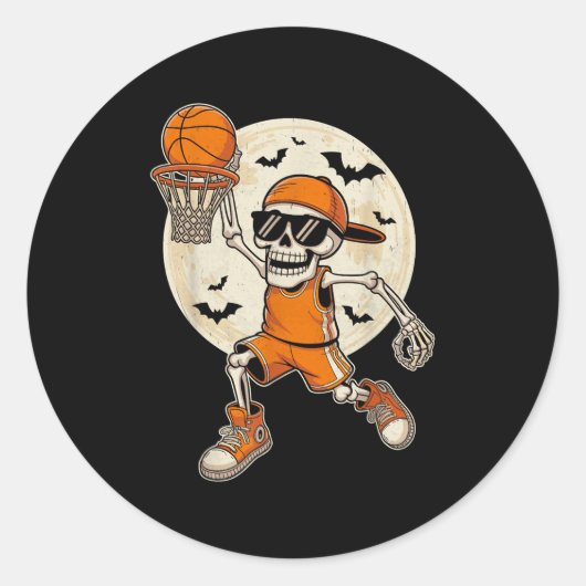 Funny Cartoon Skeleton Basketball Halloween Player Ronde Sticker (Voorkant)