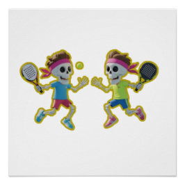 Funny Cartoon Skeletons Playing Padel Tennis – 3D  Perfect Poster