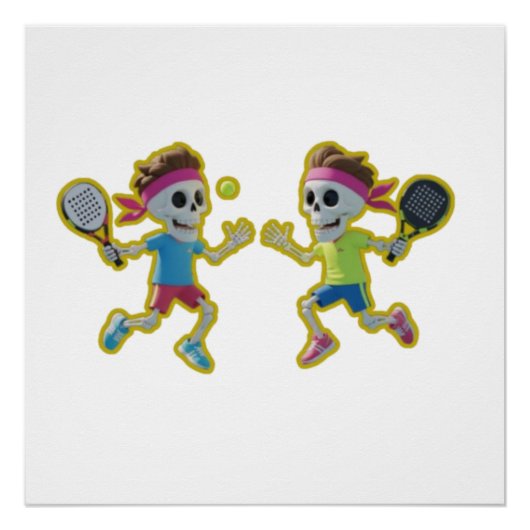 Funny Cartoon Skeletons Playing Padel Tennis – 3D  Perfect Poster (Voorkant)