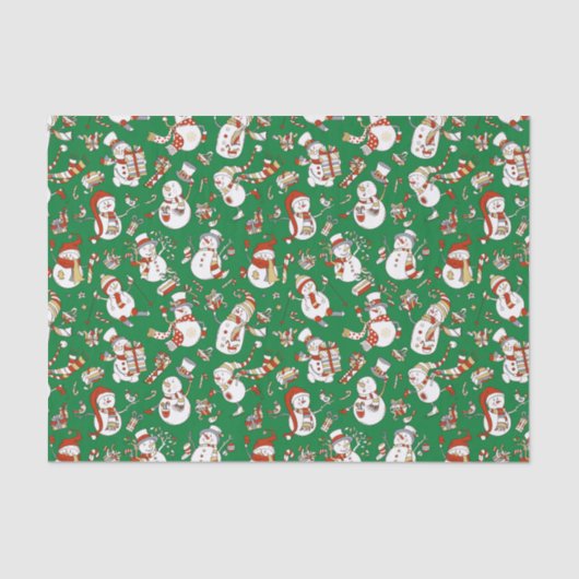 Funny Cartoon Snowmen kerstpatroop over groen Tissuepapier (Voorkant)