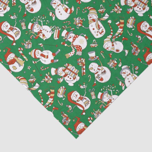 Funny Cartoon Snowmen kerstpatroop over groen Tissuepapier (Detail)