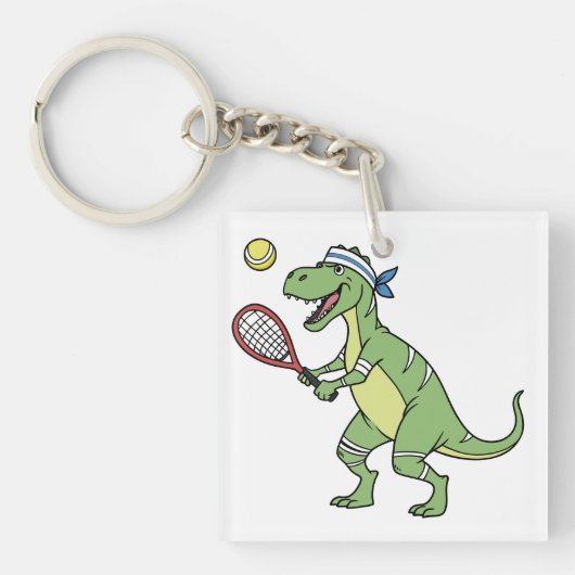  Funny Cartoon T-Rex Playing Tennis Dinosaur Sleutelhanger (voorkant)