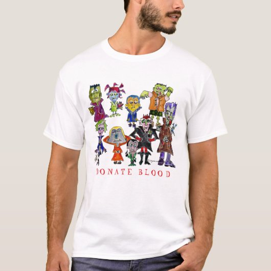 Funny Cartoon Vampires Donate Blood T-Shirt (Voorkant)