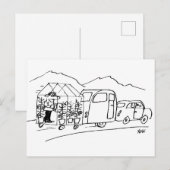 Funny Cartoon van Car Towing Caravan en Greenhouse Briefkaart (Voorkant / Achterkant)
