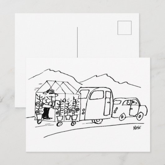 Funny Cartoon van Car Towing Caravan en Greenhouse Briefkaart (Voorkant / Achterkant)