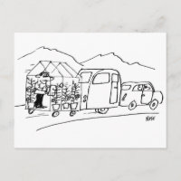 Funny Cartoon van Car Towing Caravan en Greenhouse