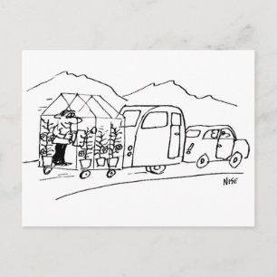 Funny Cartoon van Car Towing Caravan en Greenhouse Briefkaart
