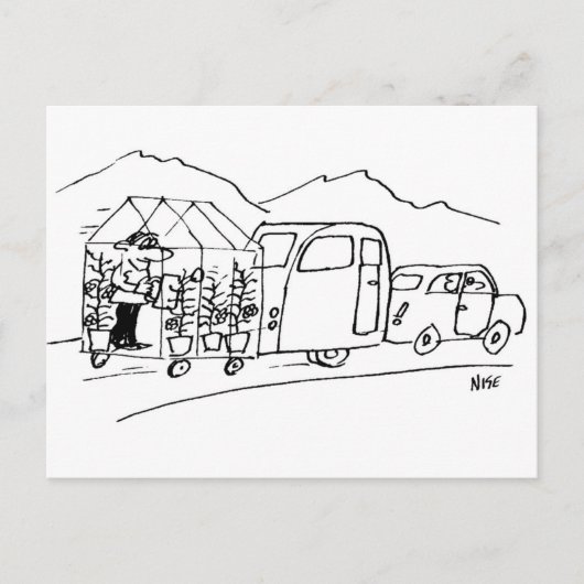 Funny Cartoon van Car Towing Caravan en Greenhouse Briefkaart (Voorkant)