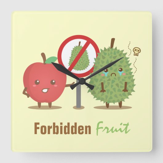 Funny Cartoon, Verboden fruit, Apple en Durian Vierkante Klok (Voorkant)