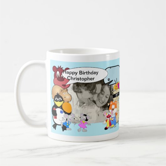 Funny cartoon voeg je foto toe koffiemok (Links)