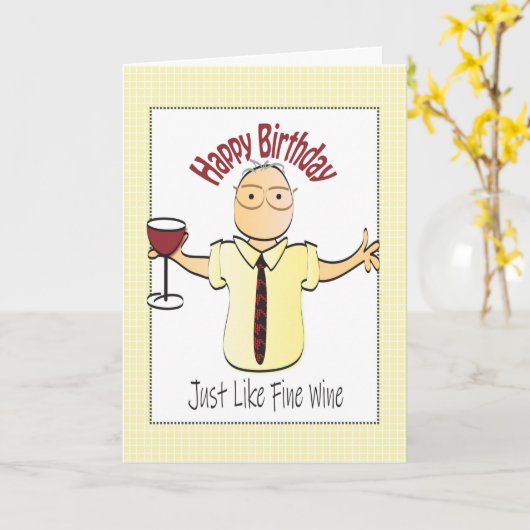 Funny Cartoon Wine Birthday Kaart voor mannen (Gele Bloem)