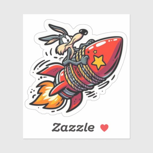 Funny Cartoon Wolf on Rocket Sticker - Retro Acme  (Vel)
