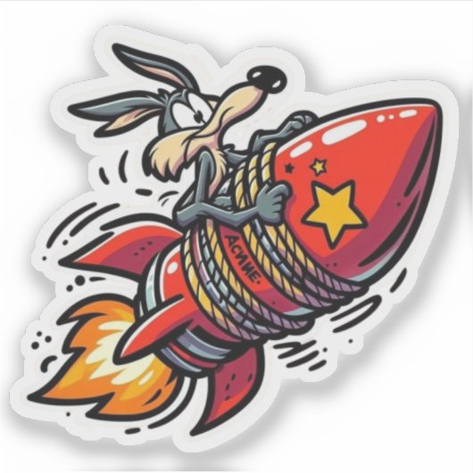 Funny Cartoon Wolf on Rocket Sticker - Retro Acme  (Voorkant)