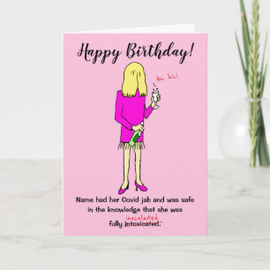 Funny Cartoon Woman Drink Covid Jab Birthday Kaart
