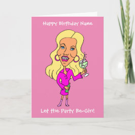 Funny Cartoon Woman Drink Gin Blonde Birthday Kaart