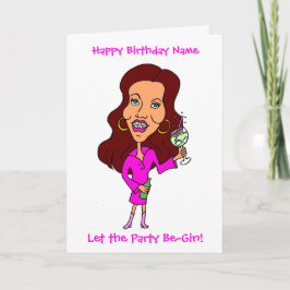 Funny Cartoon Woman Drink Gin Brunette Birthday Kaart