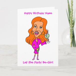 Funny Cartoon Woman Drink Gin Redhead Birthday Kaart