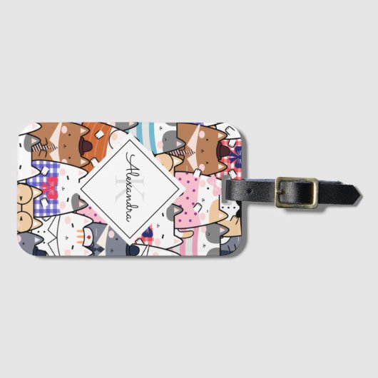 Funny Cartoonish Cats Kitten Pattern Monogram Kind Bagagelabel (Voorkant (horizontaal))